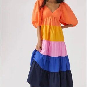 Anthropologie Farm Rio Tiered Color blocked Puff Sleeves Maxi Dress size XS